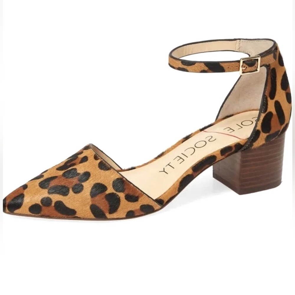 Sole Society Katarina Leopard Calf Hair Ankle Strap Pointy Toe Heel Shoe 7.5 - Picture 1 of 7